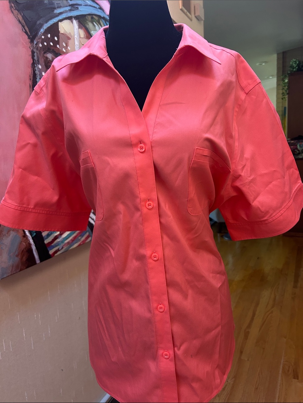 Coral Button-Front Short Sleeve Blouse